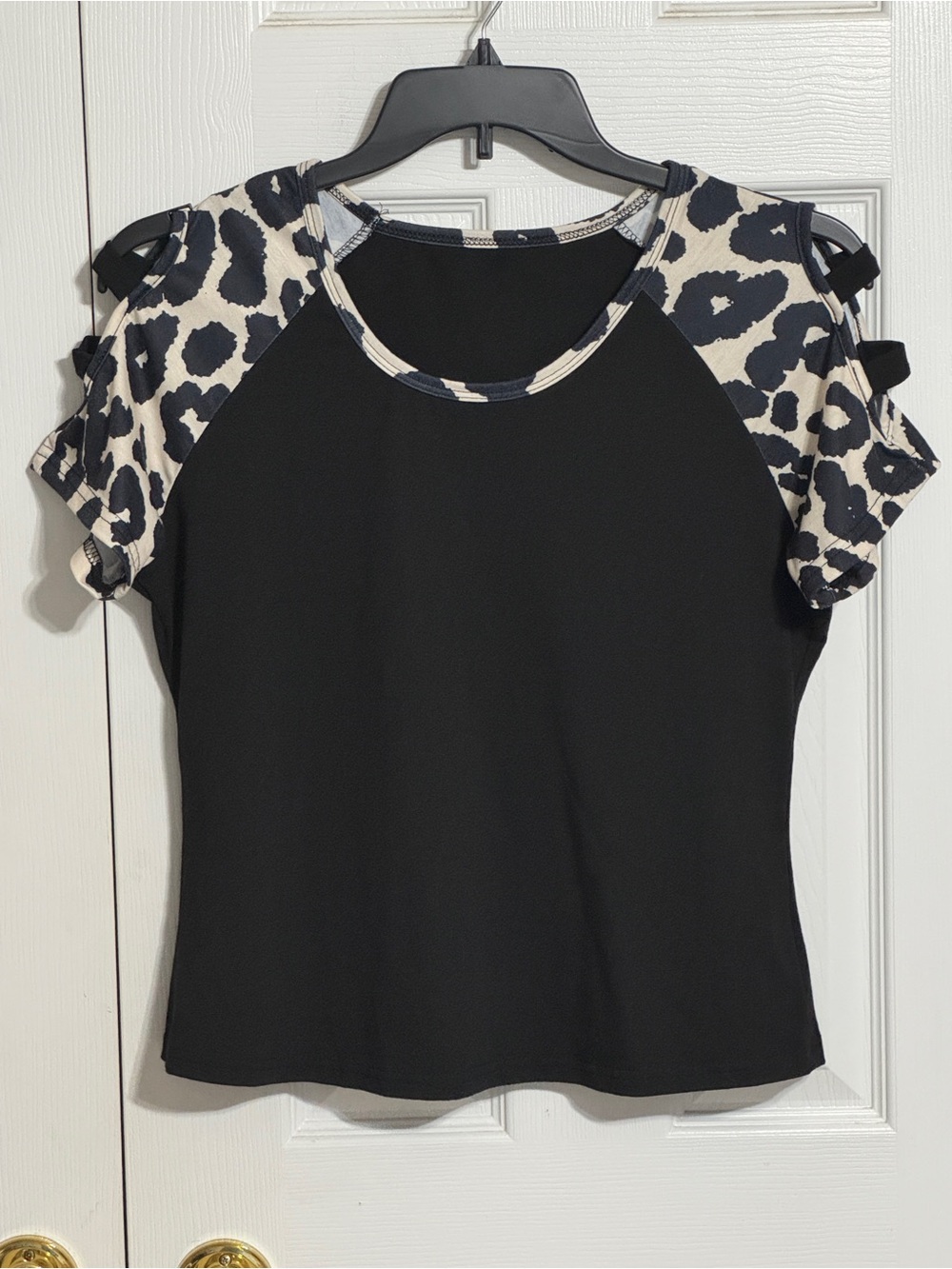 Black Women's Short Sleeve Top with Animal-Print Accent